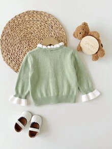 SHEIN 新生兒花卉刺繡圖案休閒日常毛衣 - 綠色 - 查看 2