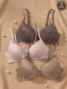 DesireSculpt 女款有鋼圈性感蕾絲休閒舒適聚攏胸罩 3件組 - 彩色 - 查看 1