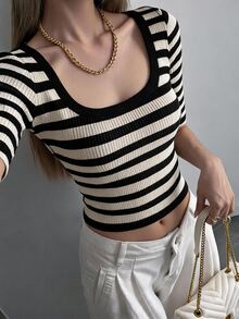 DAZY Women's Striped Halter Neck Fitted Knit Top - Black - View 4