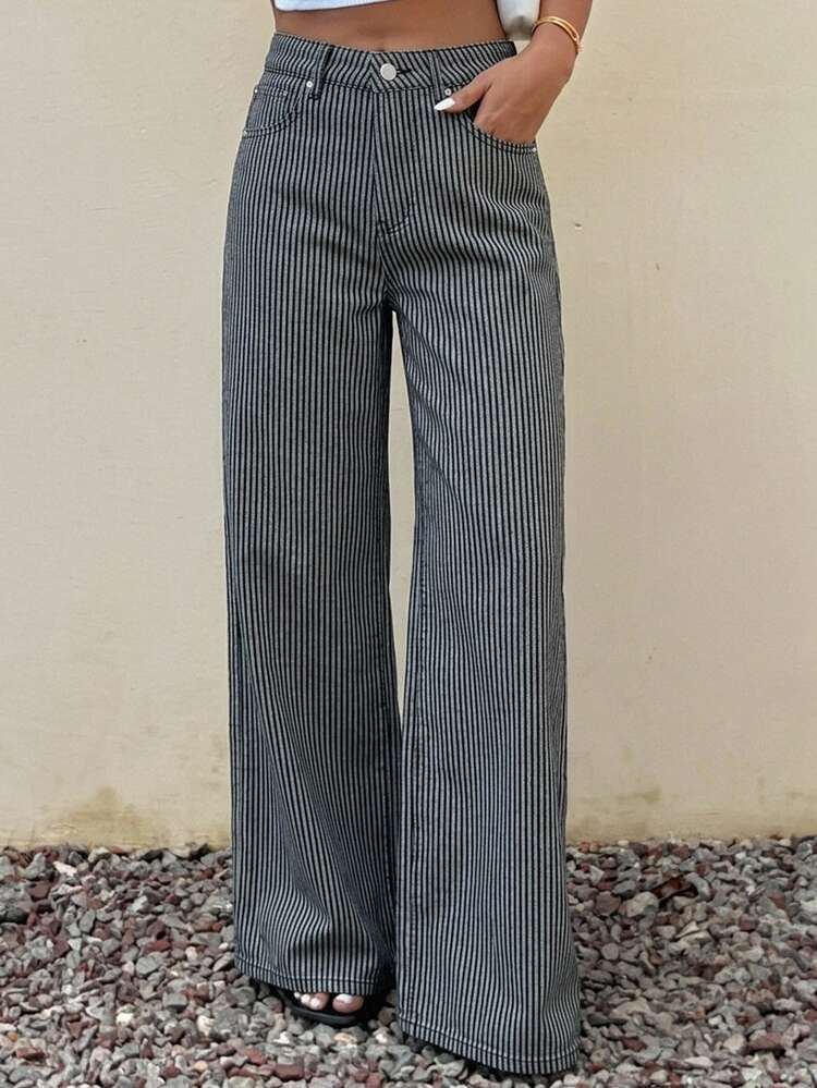 Livesso Women's Casual Striped Denim Jeans With Pockets And Buttons For Daily Wear - Blue - View 3