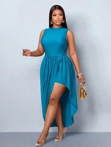 SOLERSUN Plus-Size Women's Fitted Ruched Hem Asymmetric Midi Dress, Perfect For Parties And Gatherings. - Teal Blue - View 2