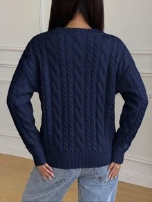 SHEIN 青少年女孩休閒條紋針織毛衣，極簡時尚，適合日常穿著，秋冬季節 - 藏蓝色 - 查看 2