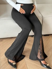 Dazy Maternity Celana Panjang Model Flare dengan Detail Renda Kontras di Bagian Bawah, Celana Hamil Kasual dan Elegan untuk Musim Semi dan Gugur - Hitam - View 3