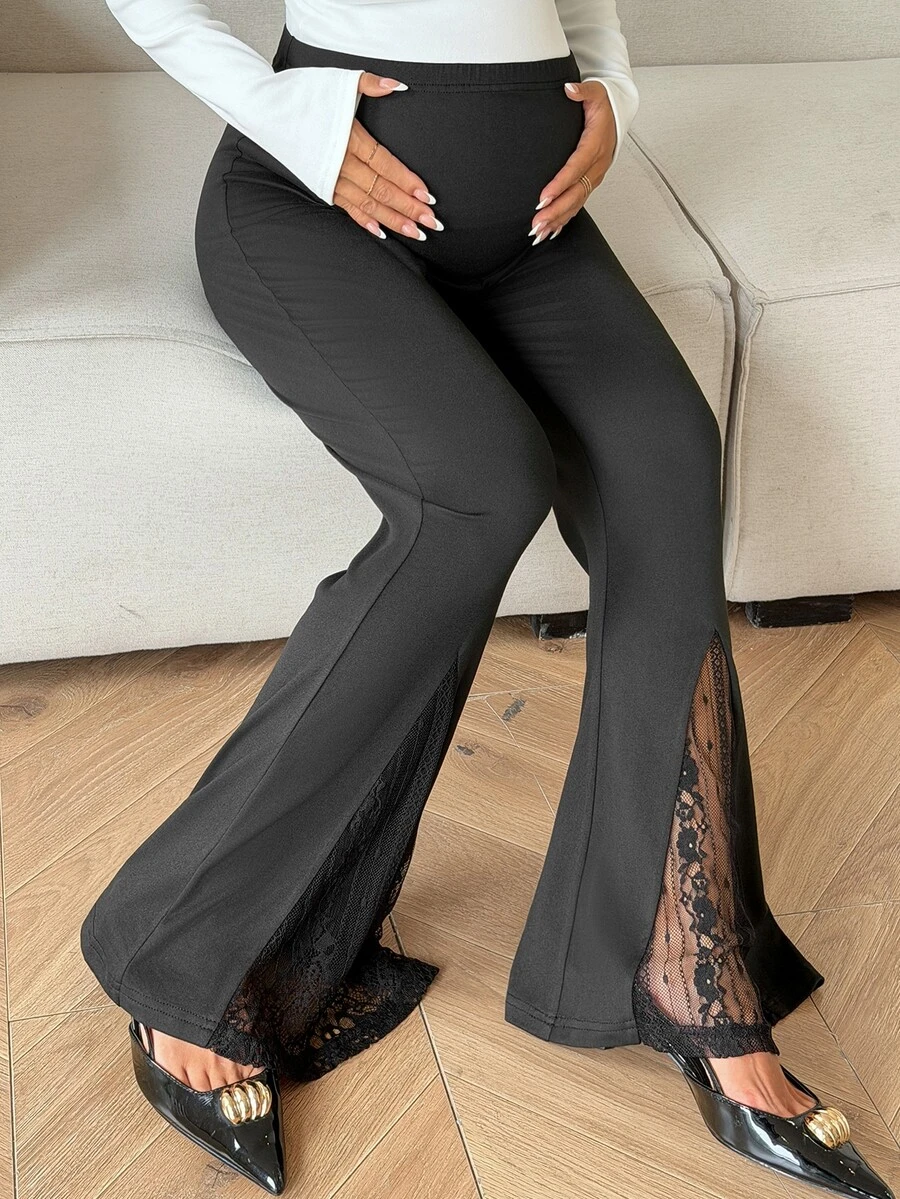 Dazy Maternity Contrast Lace Hem Fitted Flare Leg Pants, Casual Elegant Maternity Trousers For Spring And Autumn - Black - View 1