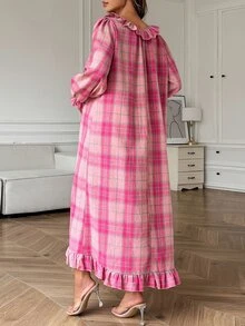 DAZY Plaid Loose Long Dress With Ruffle Hem, Casual Everyday Korean Style For Young Women, Spring/Autumn Maternity Dress - Pink - View 2