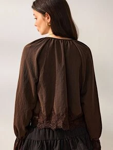 Willow Rêve Women's Brown Fitted Short Chiffon Blouse, Lace Trim With Tie V-Neck Raglan Sleeves, Solid Color Vintage Romantic Bohemian Style, Suitable For Autumn Vacation And Party Outfits - Brown - View 2