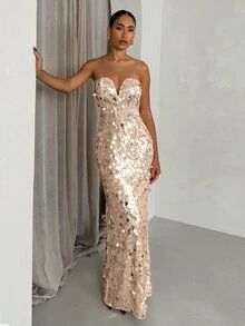 SHEIN Glamour 女款優雅亮片抹胸收腰派對洋裝 - 香檳色 - 查看 2