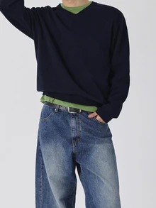 DAZY Autumn/Winter Navy Blue Solid V-Neck Ribbed Hem And Cuff Korean Style Men's Sweater - Navy Blue - View 3