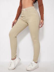 SHEIN Essnce Women's Fashion Versatile Button Pocket Denim Jeans - Mocha Brown - View 6