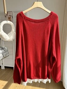 Comfortcana Plus Size Women's Solid Color Crew Neck Raglan Long Sleeve Loose Sweater - Burgundy - View 2