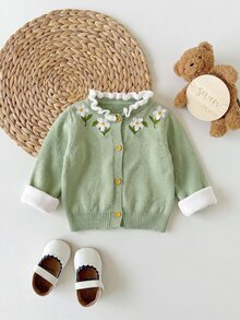 SHEIN 新生兒花卉刺繡圖案休閒日常毛衣 - 綠色 - 查看 4