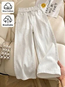 SHEIN Tween Girl) Denim Jeans, All-Season New Casual Fashion Minimalist Versatile Style, Elastic Waistband With Drawstring Design, Adjustable, Classic Versatile White Washed Soft Denim Straight Leg Pants - White - View 1
