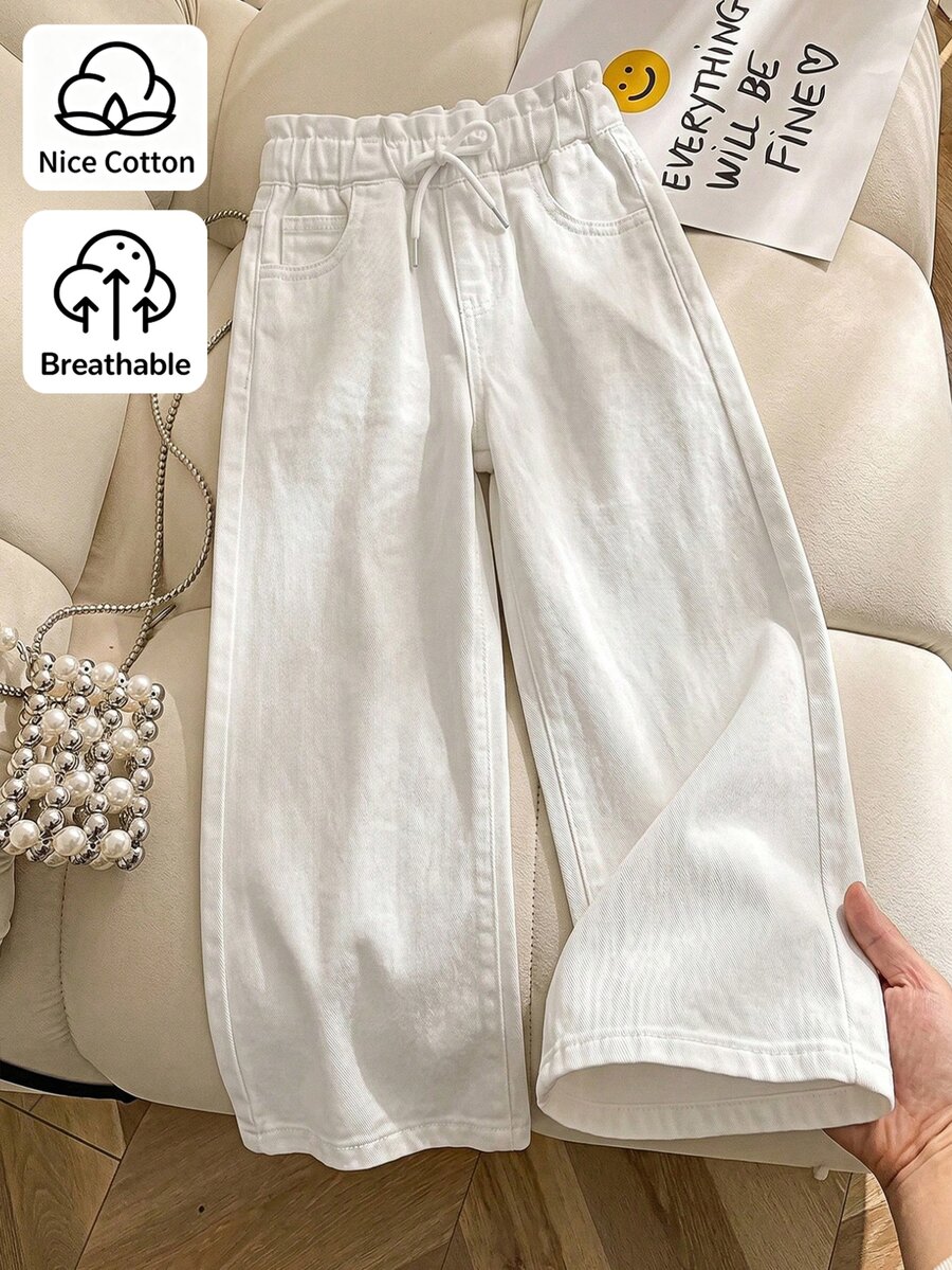 SHEIN Tween Girl) Denim Jeans, All-Season New Casual Fashion Minimalist Versatile Style, Elastic Waistband With Drawstring Design, Adjustable, Classic Versatile White Washed Soft Denim Straight Leg Pants - White - View 1
