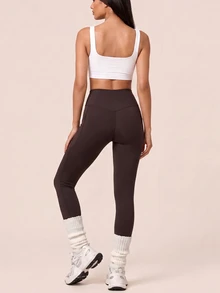 SHEIN BAE Women Dark Brown Stripe Pocket Mesh High Waist Leggings Tummy Control Gym Workout Training Running Yoga Athletic Pants - Coffee Brown - View 2