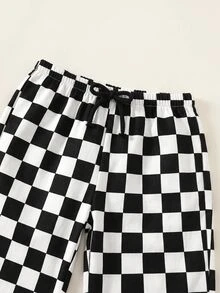 THE HAPPY LOOK 2pcs/Set Baby Boy Summer Street Style Cute Casual Knit Printed Pattern T-Shirt & Checkerboard Pants Set, Red Outfit, Streetwear Set, Infant Boy Set, Cute Outfit - Multicolor - View 5