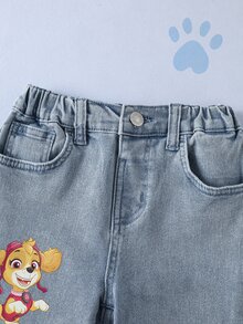 SHEIN | PAW Patrol Young Girl Letter Cartoon Pattern Pocket Casual Denim Jeans - Blue - View 4