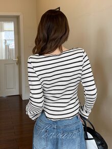 DAZY Camiseta de manga larga con rayas para mujer, capa base corta - Negro - Ver 3