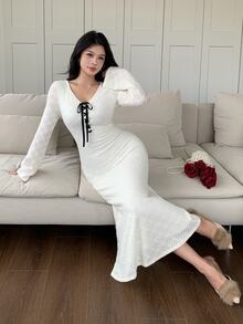 Feyla Women's V-Neck Tie Design Flared Sleeve Fitted Elegant Romantic Fishnet Midi Dress Date White Autumn - Apricot - View 4