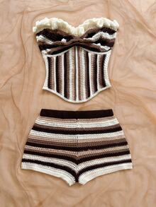 Soleia Women's Plus Size Vacation Striped Knit 2 Pieces Set - Multicolor - View 3