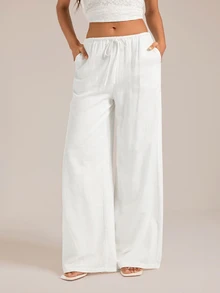 SHEIN Tall بنطلون طويل من الكتان الأبيض بلون موحد بخصر منخفض، بنطلون طويل للعطلات والشاطئ، بنطلون طويل فضفاض من الكتان الأبيض، مناسب للربيع والصيف والخريف والشتاء - أبيض - مشاهدة 1