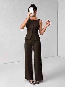 SHEIN PETITE 女款純色圓領單排扣背心與長褲套裝，優雅休閒通勤西裝風，夏秋服飾套裝，辦公商務穿搭 - 咖啡棕 - 查看 1