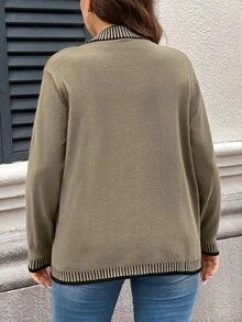 SHEIN LUNE Plus Size Fashion Minimalist Striped Colorblock Pocket Knit Cardigan - Khaki - View 2