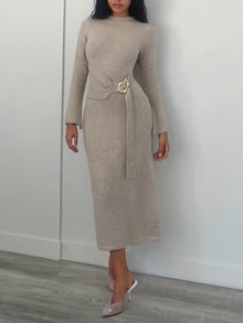 Elenzga Women's Autumn/Winter Elegant Semi-High Neck Slim Fit Metal Button Bell Sleeve Knit Sweater Dress - Apricot - View 3