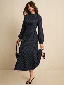Poéselle Women's Striped Casual Party Long Dress,Suitable For The Office Or Teachers' Day.Winter Dress - Navy Blue - View 6