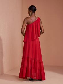 JIAN LASALA Red Chiffon One Shoulder Ruffle Hem Uneven Sleeveless Long Dress Party Vacation - Red - View 2