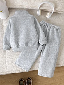 SHEIN 少女灰色加厚運動衫套裝，柔軟舒適，秋冬新款休閒百搭 - 灰色 - 查看 2