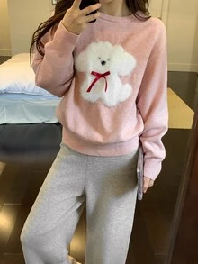 DAZY Autumn/Winter Knit Cute Puppy Pattern Loose Long Sleeve Top & Straight Leg Long Pajama Pants 2pcs Set Women's Sleepwear - Pink - View 11