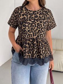 SHEIN Essnce Plus Size Women's Spring/Summer Fashion Casual Elegant Loose Comfortable Daily Versatile Slimming Leopard Print Lace Trim Hem Short Sleeve Babydoll Blouse - Multicolor - View 6