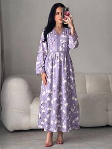 Yasmyna Gaun Arab Wanita Motif Bunga dengan Renda Kontras dan Leher V, Lengan Panjang - MultiWarna - View 7