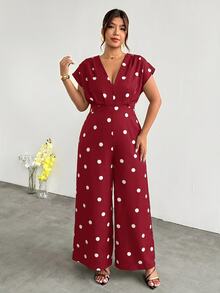 Firerie Plus Size Fashion Polka Dot Print Pleated Loose Jumpsuit - Burgundy - View 7