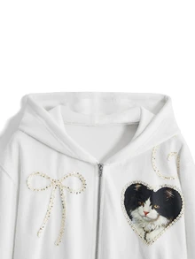 Sweetness Sweatshirt Wanita dengan Hiasan Pita Bordir Berbentuk Hati Kucing Lucu - Putih - View 3
