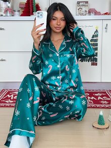 ZzzCrew طقم بيجامة نسائي من الحرير الصناعي بطبعة رقاقات الثلج الشاملة بموضوع عيد الميلاد مفتوح من الأمام - أخضر - مشاهدة 3