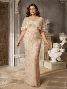 Aureia Plus Size Elegant Luxury Beaded Sequin Embroidered Tassel Shawl Dress For Wedding, Ball, Evening Party - Khaki - View 4