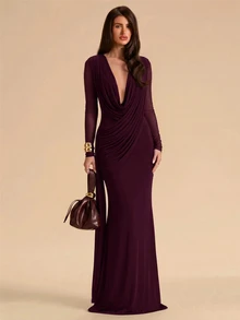 SHEIN BAE Women's Solid Color V-Neck Pleated Casual Party Dress - Maroon - View 3