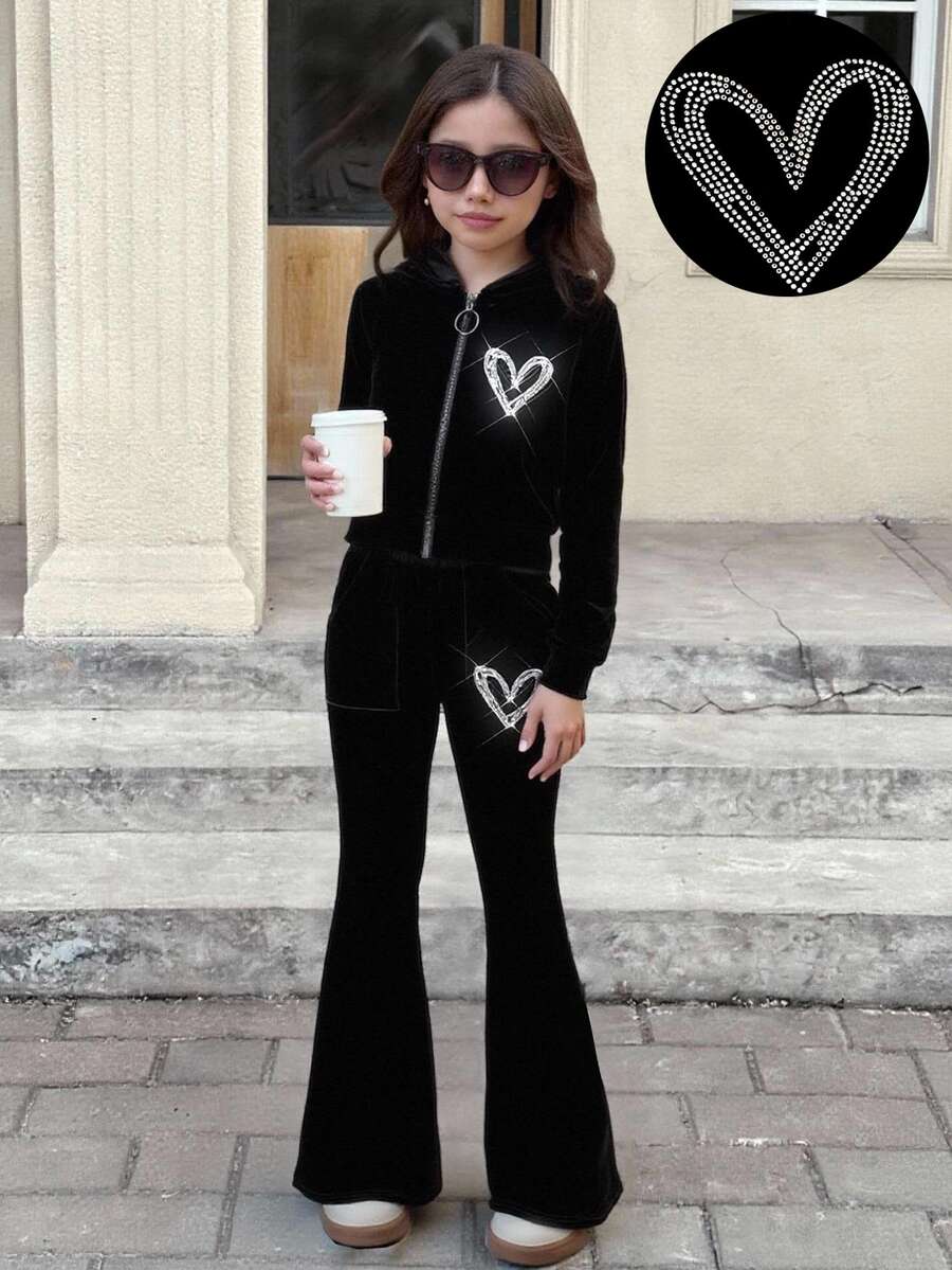 SHEIN 青少年女孩運動休閒街頭時尚天鵝絨愛心水鑽拉鍊連帽衛衣與直筒長褲2件套,黑色天鵝絨套裝,適合聖誕節、新年 - 黑色 - 查看 1