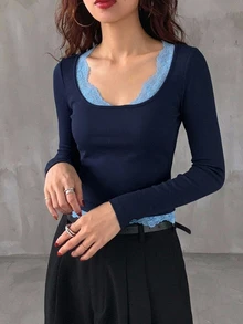 DAZY 女款純色修身彈性內搭背心，對比蕾絲細肩帶休閒度假夏季上衣 - 藍色 - 查看 6