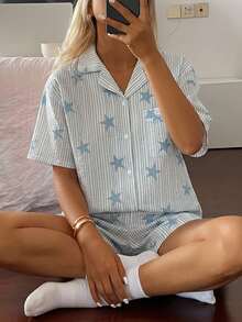 DAZY 2pcs/Set Women's Star Striped All-Over Print Loose Cardigan Short Sleeve Short Pajama Set - Blue - View 5