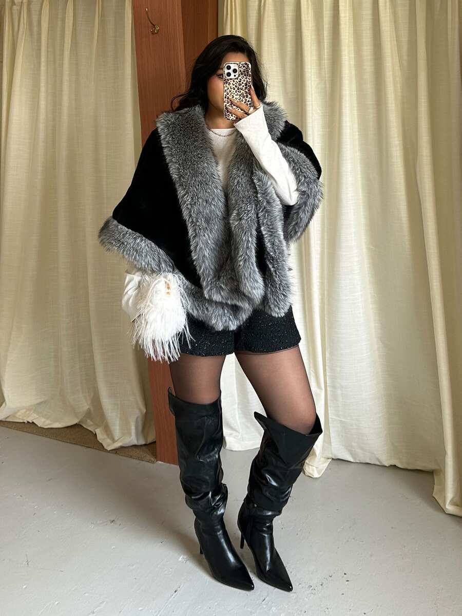 GalTyme 大尺碼女款寬鬆時尚蝙蝠袖人造毛大衣 冬季正式晚宴黑色優雅聖誕新年款 - 彩色 - 查看 1