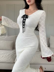 Feyla Women's V-Neck Tie Design Flared Sleeve Fitted Elegant Romantic Fishnet Midi Dress Date White Autumn - Apricot - View 2