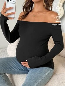 Dazy Maternity Solid Color Fitted Elastic Square Neck Long Sleeve Casual Vacation Spring/Autumn Maternity T-Shirt - Black - View 1