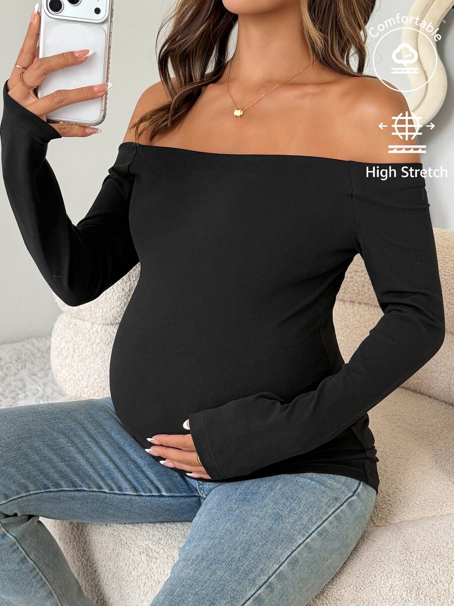 Dazy Maternity Solid Color Fitted Elastic Square Neck Long Sleeve Casual Vacation Spring/Autumn Maternity T-Shirt - Black - View 1