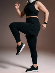 Powerista Women's Black 2 In 1 Plus Size Sports Leggings - Black - View 5