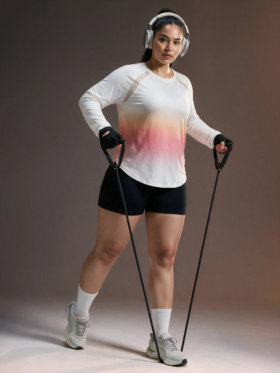 Powerista Women's Plus Size Pink Gradient Print Long Sleeve Sports T-Shirt Fall - Red and White - View 1