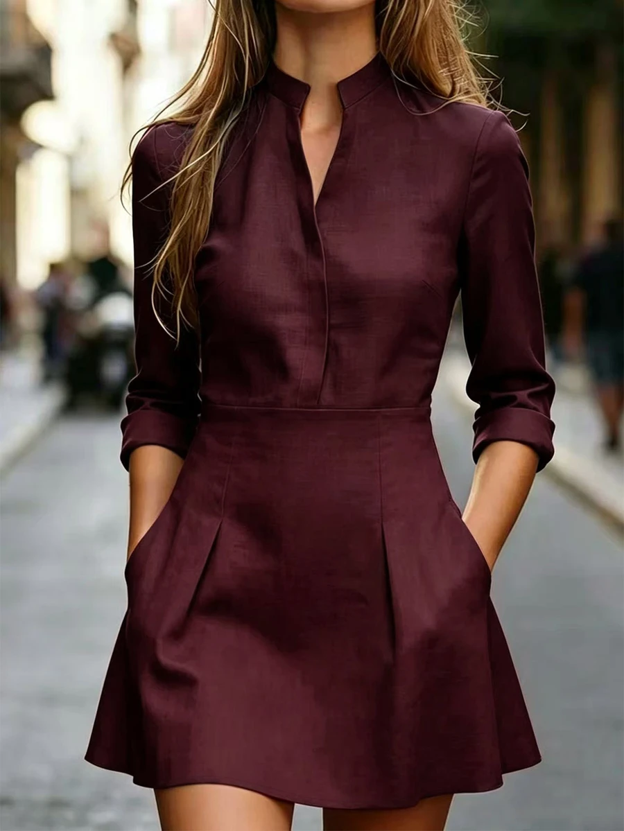Trelyra Women's Solid Color Notch V-Neck Pocket Casual Mini Dress - Burgundy - View 1