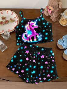 螢光效果！可愛獨角獸與星星圖案，青少年女孩休閒極簡修身細肩帶上衣與短褲套裝，韓系風格，舒適時尚童裝，Y2K，卡哇伊，派對，日常，度假，可愛，舒適 - 彩色 - 查看 4