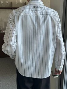 DAZY 男士條紋休閒百搭日常穿著襯衫搭配藍色領帶 - 藍色 - 查看 2